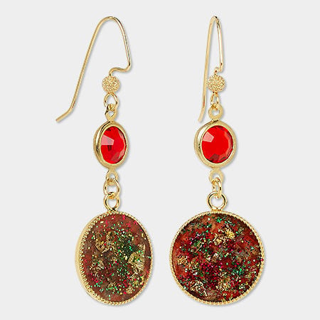 Earrings with red and green glitter and resin